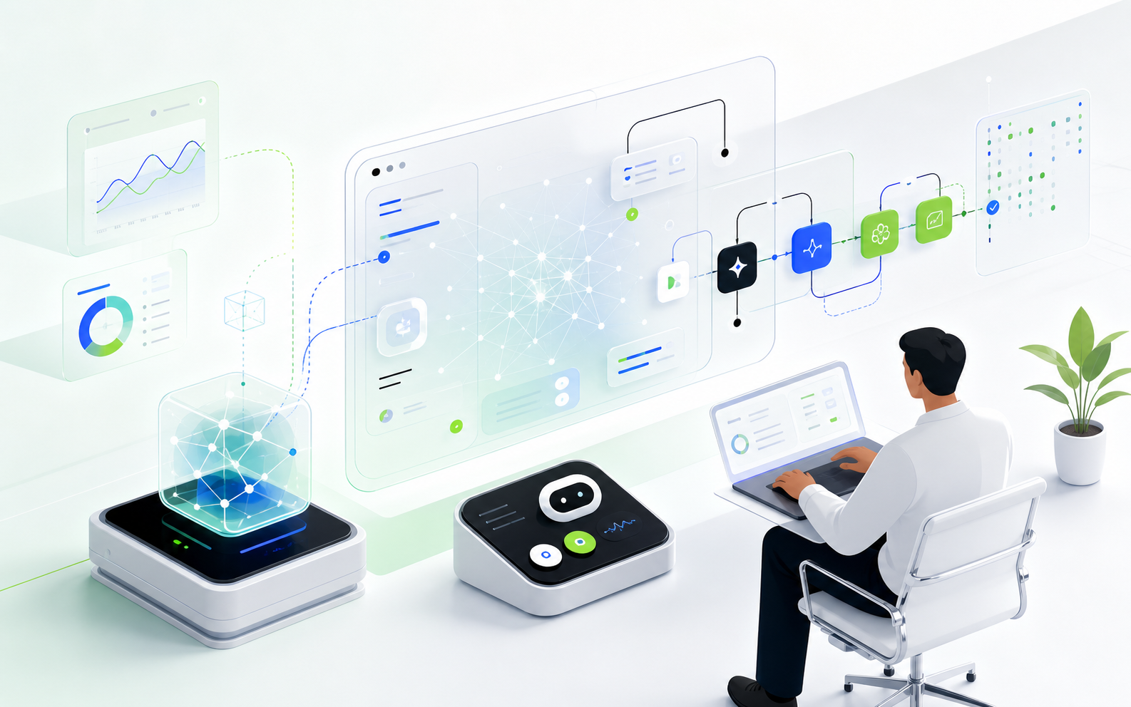 Illustrated AI product workspace with agent flows, automation nodes, and analytics panels