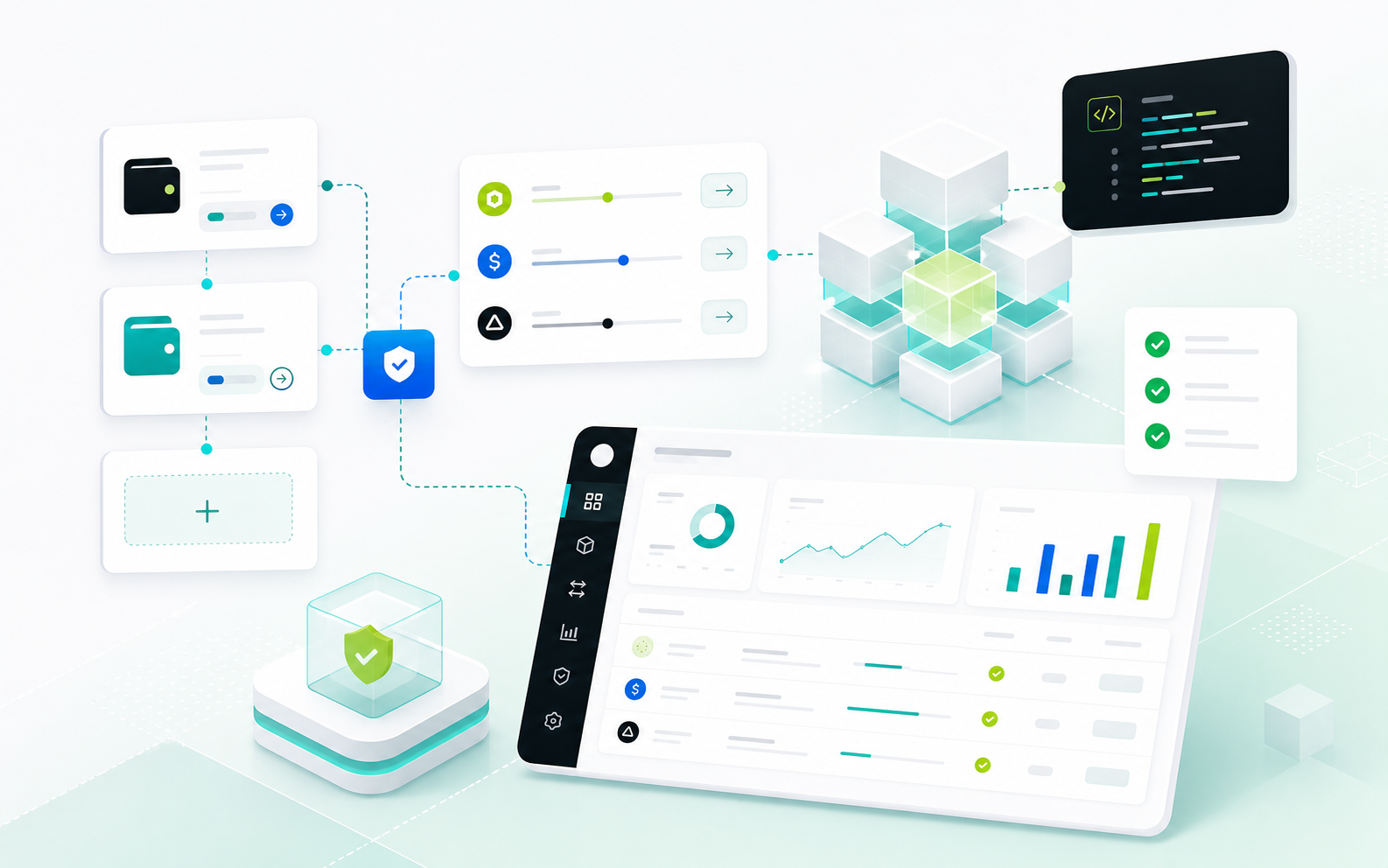 Illustrated blockchain product system with wallet flows, token rails, and smart contract modules