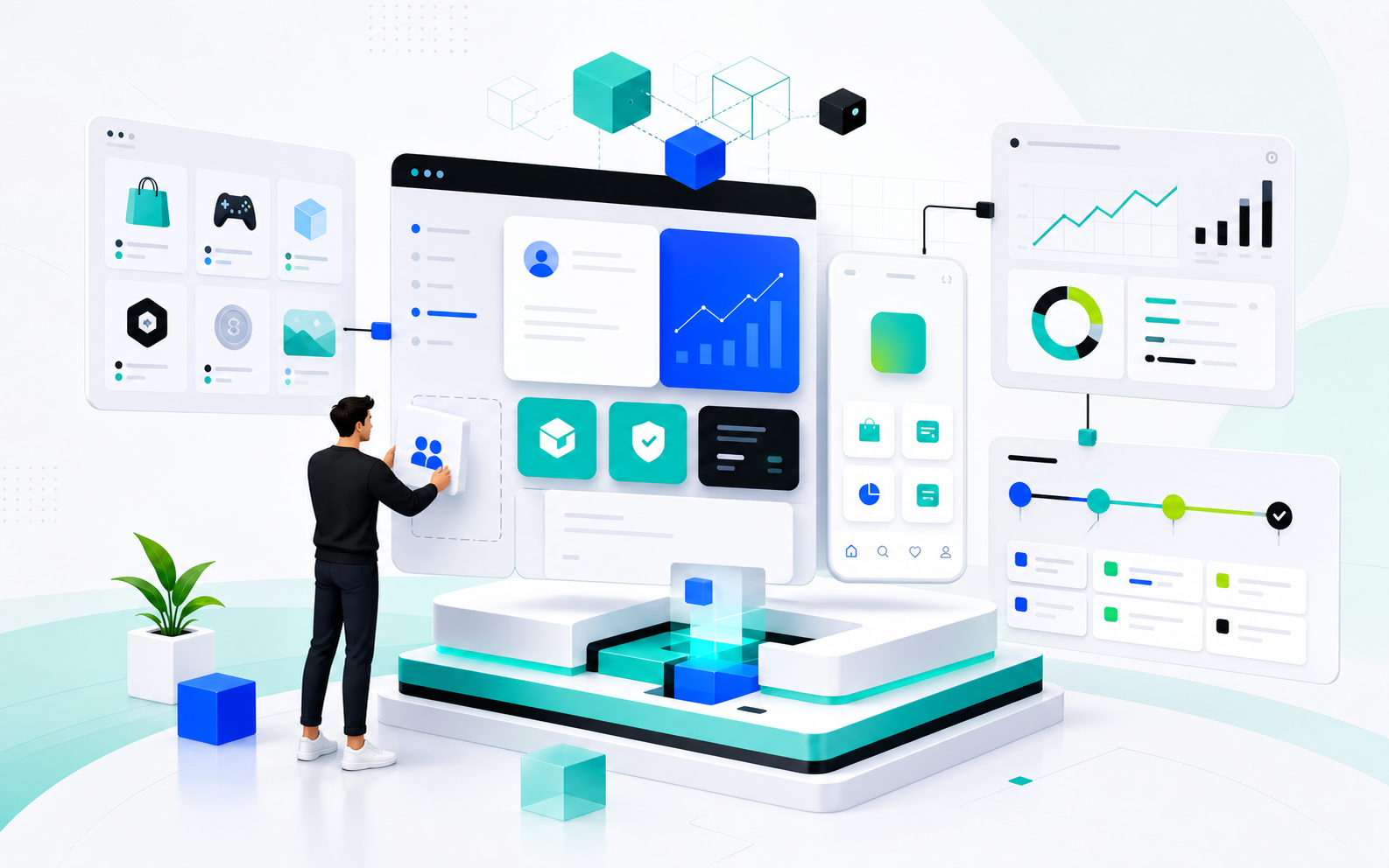 Illustrated startup platform with SaaS screens, marketplace tiles, app cards, and metrics